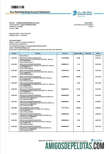 Versão imprimível do extrato de conta de varejo do Kuwait Burgan Bank e modelo PDF
